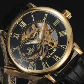 SEWOR Luxusné Značky Kostra Mechanické Hodinky Mužov, Kožené náramkové hodinky Bežné víťaz Pánske Hodinky Zlaté Hodiny Muž Relogio