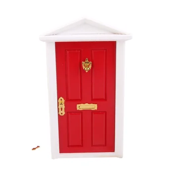 1:12 domček pre bábiky Miniatúrne Luxusné Drevené Červená Exteriérové Dvere, Panel 4 w Key Nábytok, Hračky