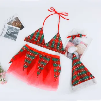 1 sada Vianočných koberčeky jednotné bielizeň Sexy spodnú Bielizeň Stožiare, Minisukňu Ženy motýlik Pierko Klobúk Sleepwear Bezdrôtový Podprsenka T5