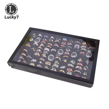 100 Slot Black Velvet Hubky Krúžok Display Box Kartón Šperky Skladovanie Prípade Držiteľ Prezentovať Krúžok Cufflink Šperky Zásobník S Vekom