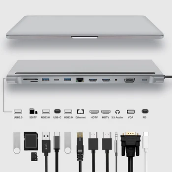 12-v-1 Typ-C HUB 4K Dokovacej stanice dual HDMI, RJ45 Gigabit Lan PD Notebook Dokovacie Stanice Vysokej Kvality