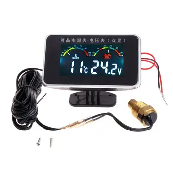 12V/24V Auto LCD Teplota Vody Meter, Teplomer Voltmeter Rozchod 2v1 Temp & Napätie Meter 17 mm Snímač