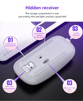 2.4 GHz, USB Nabíjateľné Wireless Mouse Tichý LED Podsvietený Myši Optická Ergonomic Gaming Mouse Na Prenosný Počítač PC Gamer