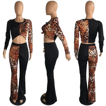 2 Ks Oblečenia pre Ženy Sexy Clubwear Leopard Patchwork Dlhý Rukáv Plodín Topy +Vysoký Pás Horela Bell Spodnej časti Nohavice, Oblečenie