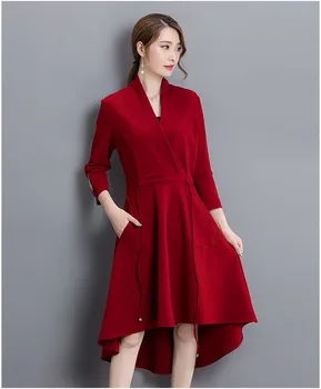 2016 nový dizajn žien bežné večera červené šaty dievčatá móda jar rukáv šaty dámsky elegantný V krku oblečenie M L XL #H418