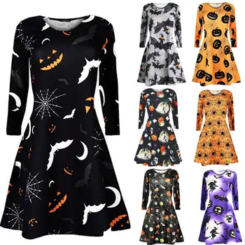 2018 Plus Veľkosť Ženy Halloween Kostým O Tvaru Tekvica Tlač Strany Swing Krátke Šaty Pre ženy S-XXL Midi Vestidos Drop shipping