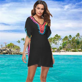 2018 Ženy plážové oblečenie Šaty Letné Farebné Strapec Loptu Plavky zakryť Kaftan Dámy Voľné Bikini tvaru Krytu Nahor Mini Šaty