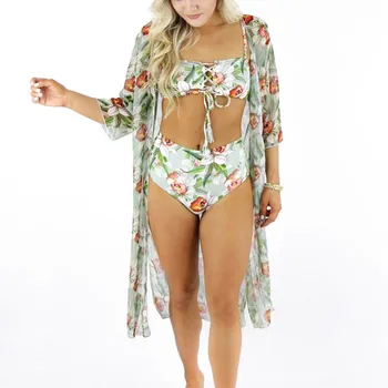 2019 Lete Vytlačené Ženy Bikini Zakryť Cardigan Plážové Šaty Dlhé Rukávy Kaftan Pláži Plavky Plážové Tuniku Plavky Pareo