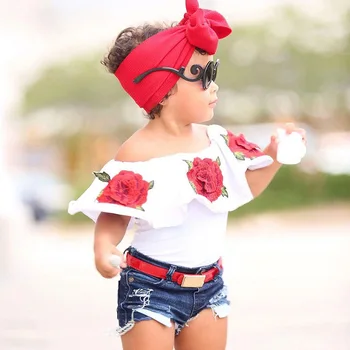 2019 Letné Baby Dievčatá Oblečenie Set sa Detí kvetov Vytlačené T-Shirts+Krátke Kovboj Nohavice 2 Ks Vyhovovali Deti Toddle Módne Oblečenie