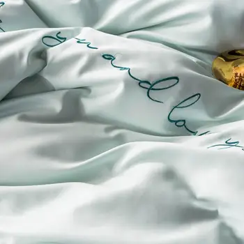 2019 Nordic Svetlo Zelená Tmavo INY Výšivky Bedlinens Umelého Hodvábu Saténové Obliečky Kryt Nastaviť Kráľovná Kráľ Bedsheet posteľná bielizeň Nastaviť