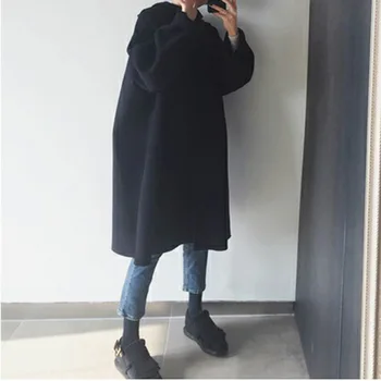 2019 Zimné Bežné Kapucňou Voľné Dlhé Vlny Kabát Ženy Plus Veľkosť Čisto Čierna Farba Vlnené Nadrozmerné Bunda