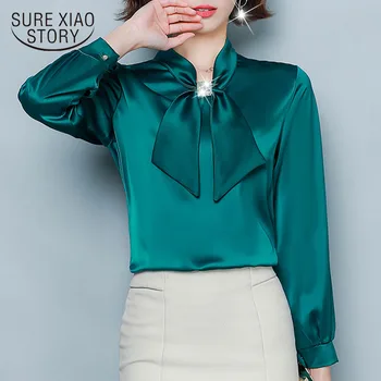 2020 Klesnúť Luk Hodvábne Šaty Office Lady kórejský Módne Oblečenie Pevné Voľné Dlhý Rukáv Ženy, Topy a Blúzky Blusas Mujer 8493