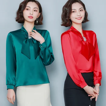 2020 Klesnúť Luk Hodvábne Šaty Office Lady kórejský Módne Oblečenie Pevné Voľné Dlhý Rukáv Ženy, Topy a Blúzky Blusas Mujer 8493