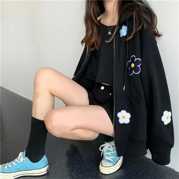 2020 Kórejský Jeseň Ženy, Mikina Vrchné Oblečenie Kvetinový Appliques Long Sleeve Hooded Jacket Príčinné Hoodies Kabát