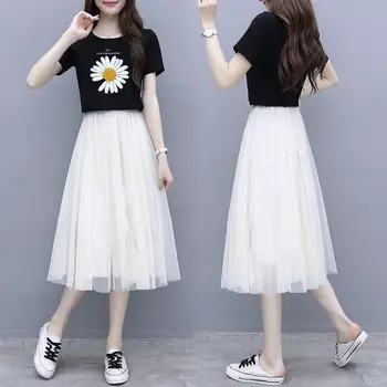 2020 Lete kórejskej Ženy Móda Daisy Tlačiť T-shirt Sukne Nastaviť Dievčatá Študent Oka Šaty Veľkoobchod