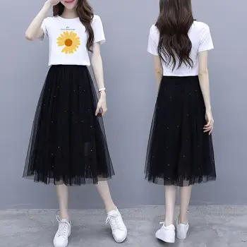 2020 Lete kórejskej Ženy Móda Daisy Tlačiť T-shirt Sukne Nastaviť Dievčatá Študent Oka Šaty Veľkoobchod