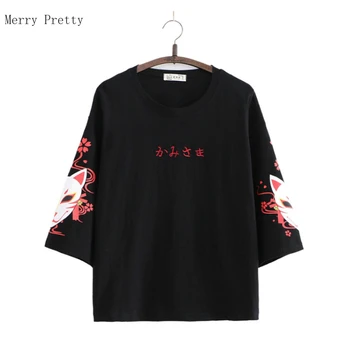 2020 Lete Ženy Bavlnené Tričko Fashion Cartoon Embroiery Base Topy Okrúhlym Výstrihom, Krátky Rukáv Voľné Žena Japonsko Harakuju Topy