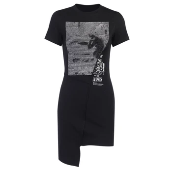 2020 Lete Žien Nepravidelná Lem T-shirts Šaty O Krk Prekladané List Tlač Vysoký Pás Taška Hip Punk Dress Žena Vestidos