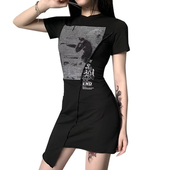 2020 Lete Žien Nepravidelná Lem T-shirts Šaty O Krk Prekladané List Tlač Vysoký Pás Taška Hip Punk Dress Žena Vestidos