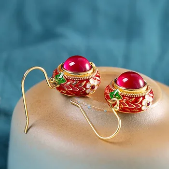 2020 nové cloisonne žena náušnice s925 čistý strieborné šperky Thai etnický štýl smalt farba červená korund náušnice pre ženy