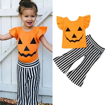 2020 Nové Deti, Batoľatá Baby Girl Halloween Tekvica T-shirt+Pruhované Nohavice Oblečenie, Oblečenie