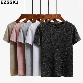 2020 Nové Letné Lesk T Shirt Ženy Pletené Bežné Krátke Rukávy Top O-Krku lesklé tričko Slim Kintwear Žena základné T-shirt