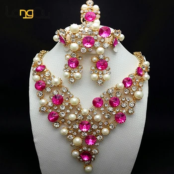 2020 nové Nigérijský svadobné afriky korálky šperky set pre ženy, elegantné dubaj šperky sady ružové kamene, náhrdelníky náušnice nastaviť