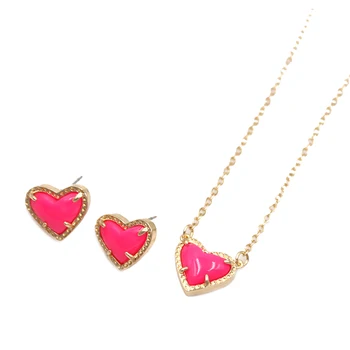 2020 nový Hot Pink srdce Živice Druzy Farebný Klenot Kameň Geometrické Stud Náušnice & náhrdelník jewerly sada pre Ženy