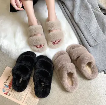 2020 zimné kórejský čisté červené kožušiny topánky dámske samica plochá slovo s kožušinou papuče módne hrubé dno domov lenivý papuče ženy