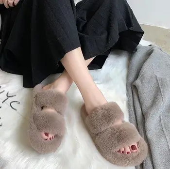 2020 zimné kórejský čisté červené kožušiny topánky dámske samica plochá slovo s kožušinou papuče módne hrubé dno domov lenivý papuče ženy