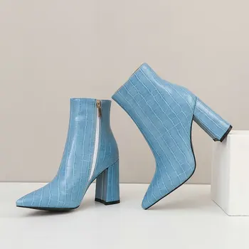 2020 zimné sexy úplne nové ženské topánky modrá hnedá biela bloku vysoké podpätky ukázal prst bodce dámy čerpadlá dámske členkové topánky