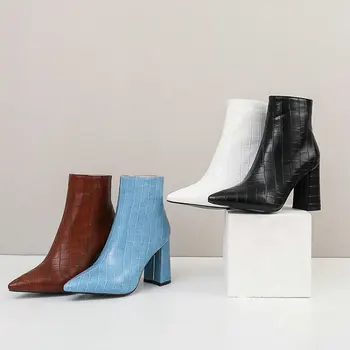 2020 zimné sexy úplne nové ženské topánky modrá hnedá biela bloku vysoké podpätky ukázal prst bodce dámy čerpadlá dámske členkové topánky