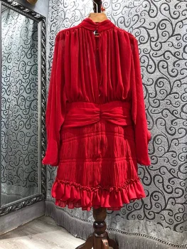 2021 Jar Leto Módne Červené Šaty Vysokej Kvality Ženy Stojí Krku Skladaný Prehrabať Deco Dlhý Rukáv Bežné Sexy Šaty Nad Kolená