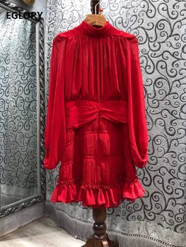 2021 Jar Leto Módne Červené Šaty Vysokej Kvality Ženy Stojí Krku Skladaný Prehrabať Deco Dlhý Rukáv Bežné Sexy Šaty Nad Kolená