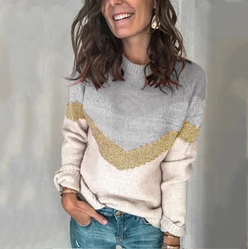 2021 Nové Príležitostné prúžok pletený sveter Voľné kontrast farieb kolo krku Pulóver kórejský street style žien sveter