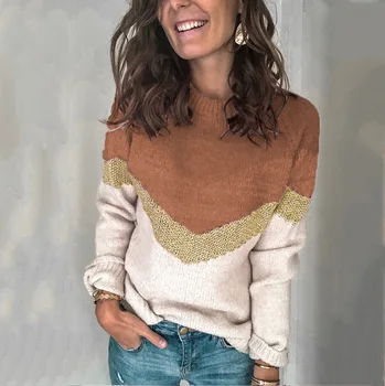2021 Nové Príležitostné prúžok pletený sveter Voľné kontrast farieb kolo krku Pulóver kórejský street style žien sveter