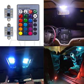 2X C5w Auto Led RGB 5050 6SMD 41mm Vlkovcový Dome Dvere Auta Svetlá Automobilov, Diaľkové ovládanie Farebné Lampy Strechy Atmosféra, Žiarovky