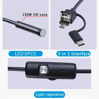 3 v 1 USB Endoskop Fotoaparát 7MM tvrdé/mäkké 1/2/5M Kábel Vodotesný IP67 Had Fotoaparát S 6 Led pre Windows PC, Android, IOS