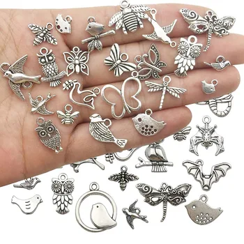34pcs Zmiešané perličiek z Tibetského Striebra plátovaného DIY Guľôčky Príslušenstvo Šperky Charms Vták sova motýľ Tému Prívesok