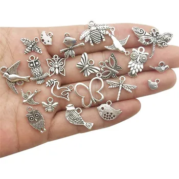 34pcs Zmiešané perličiek z Tibetského Striebra plátovaného DIY Guľôčky Príslušenstvo Šperky Charms Vták sova motýľ Tému Prívesok