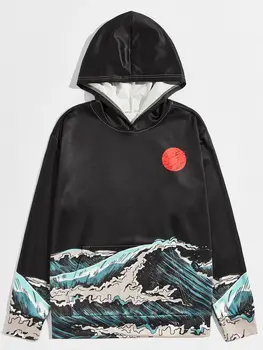 3D digitálna tlač s kapucňou, streetwear pár zimný kabát módne voľné more mesiac maľovanie Japonský hooded mikina pre mužov