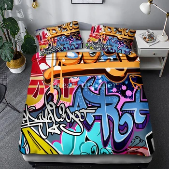 3D posteľná bielizeň Nastaviť Graffiti Grafické Perinu Farebné Posteľ, Deky Wall Street Art Design Spálne Kráľa Veľkosť Pre Deti A Dospelých