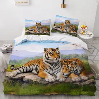 3D posteľná bielizeň Sady Black Povlaky na Prikrývku Kryt Nastaviť Cumlík Posteľná obliečka na Vankúš Kráľ, Kráľovná 180x210cm Veľkosť Zvierat Tiger Tlačené Dizajn