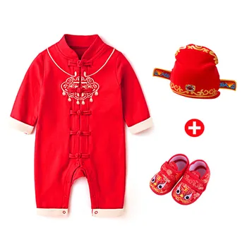 3ks Čínsky Štýl Tradičné Výšivky Dieťa Remienky Vyhovuje Nový Rok Baby Chlapci, Dievčatá Bavlna Kombinézach+Hat+Ponožky Dojčenské Oblečenie