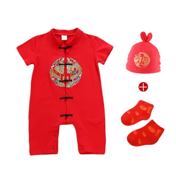 3ks Čínsky Štýl Tradičné Výšivky Dieťa Remienky Vyhovuje Nový Rok Baby Chlapci, Dievčatá Bavlna Kombinézach+Hat+Ponožky Dojčenské Oblečenie