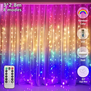 3M LED Vianočné Rozprávky String Osvetlenie Rainbow Opony Svetlá Diaľkové Ovládanie USB Nový Rok Garland Opony Lampa Dovolenku Dekorácie