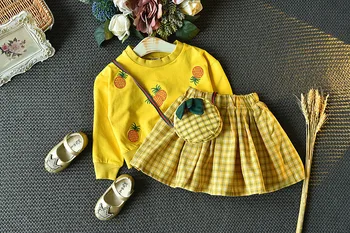 3Piece Jeseň Baby Dievčatá Oblečenie kórejský Karikatúra Roztomilý Bavlna T-shirt+Sukňa+Taška Deti Boutique Oblečenie Pre Deti, Oblečenie Set 1976
