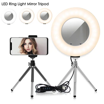 4 V 1 Stmievateľné LED Prsteň Svetla Stôl 5W USB Nabíjanie Pomocou Zrkadla Statív Stojí Mobilný Telefón Držiak Pre Live make-up Studio