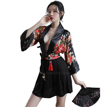4Pcs Japonský Ozdobný Kvetinový Tlač Kimono Sexy Šaty Ženy Ženy Tussel Pyžamo Teplú spodnú Bielizeň Yukata Šaty, Kostým V Krku Sveter