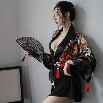4Pcs Japonský Ozdobný Kvetinový Tlač Kimono Sexy Šaty Ženy Ženy Tussel Pyžamo Teplú spodnú Bielizeň Yukata Šaty, Kostým V Krku Sveter
